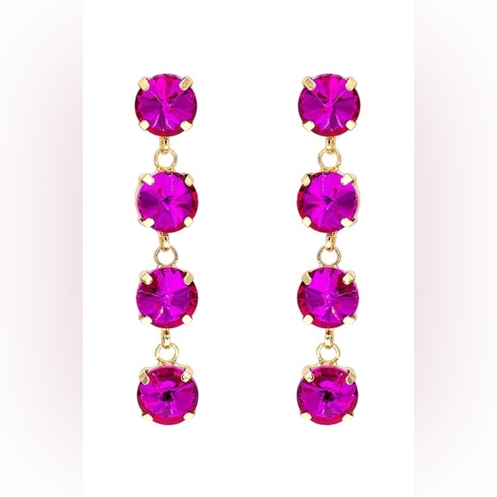 NEW JEWELRY ARRIVAL FOUR RHINESTONE DROP DANGLING EARRINGS-FUCHSIA